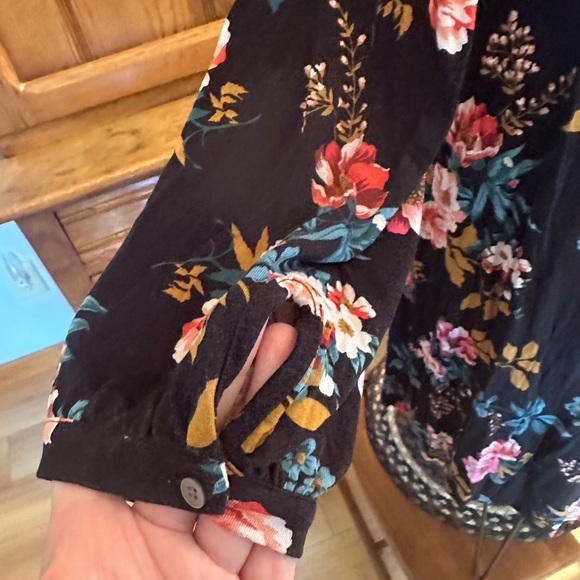 LOFT Open Back Black Floral Long-Sleeve Mini Dress Pink & Teal Accents size 14 - Picture 9 of 16